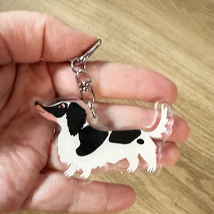 Long Hair Dachshund Keychain: Black & White Doxie Acrylic Keyring