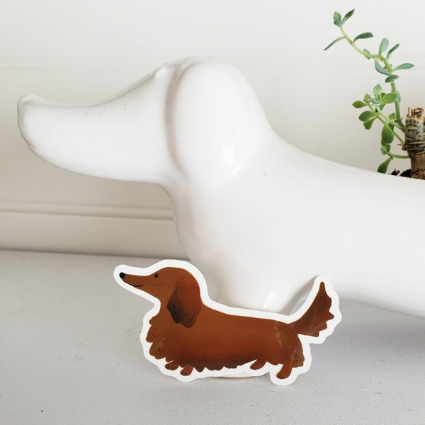 Dachshund Vinyl Sticker, 3", Red LONG Hair Dachshund, wiener dog, dachshund sticker vinyl , doxie cute sticker dachshund art