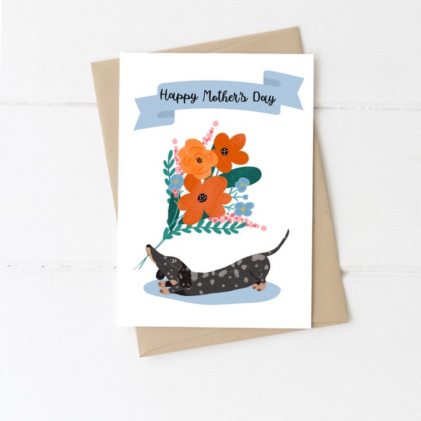 Dachshund Mother's Day Greeting Card, Happy Mother's Day flowers, Dapple Dachshund card, Dog  Card, Cute card, , sausage dog cardwiener dog