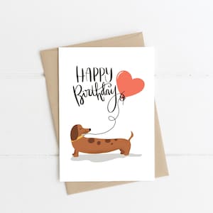 Dachshund Birthday Card, Happy Birthday, Dachshund Birthday Balloons Greeting card,  Funny Card, sausage dog, dachshund illustration