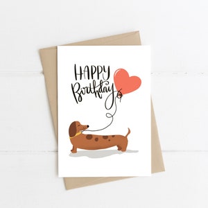 Dachshund Birthday Card, Happy Birthday, Dachshund Birthday Balloons Greeting card,  Funny Card, sausage dog, dachshund illustration