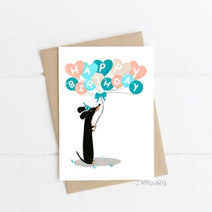 Dackel Geburtstagskarte, Happy Birthday, Black und Tan Doxie Ballons Grußkarte, Hund, Dackel Karte, Dackel