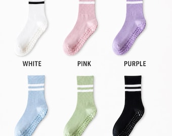 Korean Non-Slip Grip Socks | Pilates Yoga Crew Socks, Double Stripe Cuff
