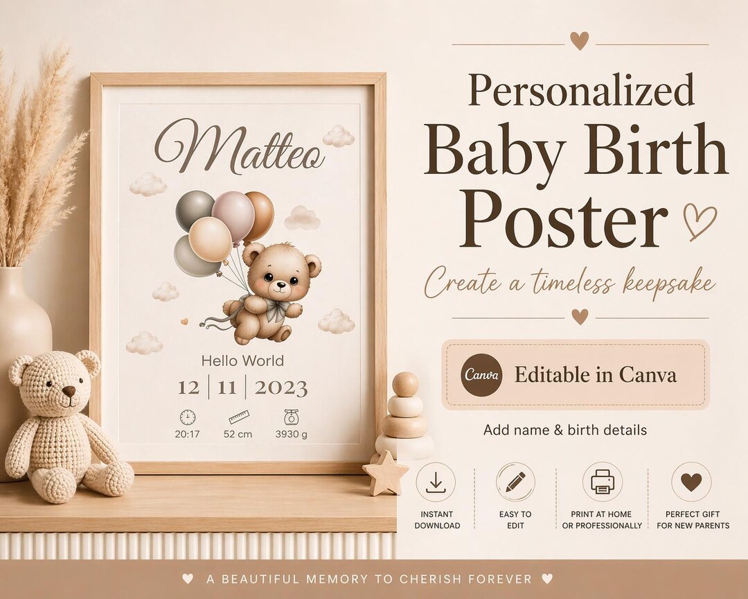 Personalized Baby Birth Poster Printable | Custom Newborn Stats Wall ...