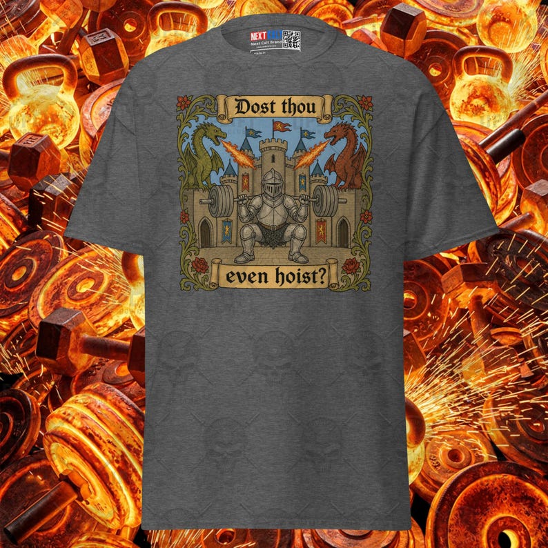 Dost Thou Even Hoist Cartoon Knight Shirt Medieval Dragon Castle Gym Tee, Funny Workout Lifting Apparel Bodybuilding Fitness Shirt