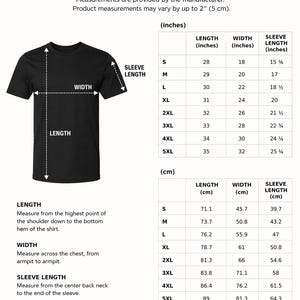 May include: Black t-shirt with a size guide. The guide includes measurements in inches and centimeters for length, width, and sleeve length, ranging from size S to 5XL. The text reads "SIZE GUIDE".