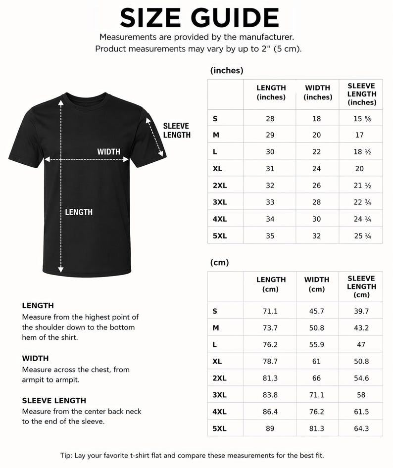 May include: Black t-shirt with a size guide. The guide includes measurements in inches and centimeters for length, width, and sleeve length, ranging from size S to 5XL. The text reads "SIZE GUIDE".