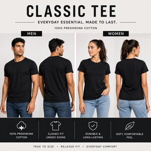 May include: A promotional image showcasing black crew neck t-shirts. The text "CLASSIC TEE" is at the top, with "EVERYDAY ESSENTIAL. MADE TO LAST." below it. The image includes models wearing the shirts, with text highlighting features like "100% PRESHRUNK COTTON".