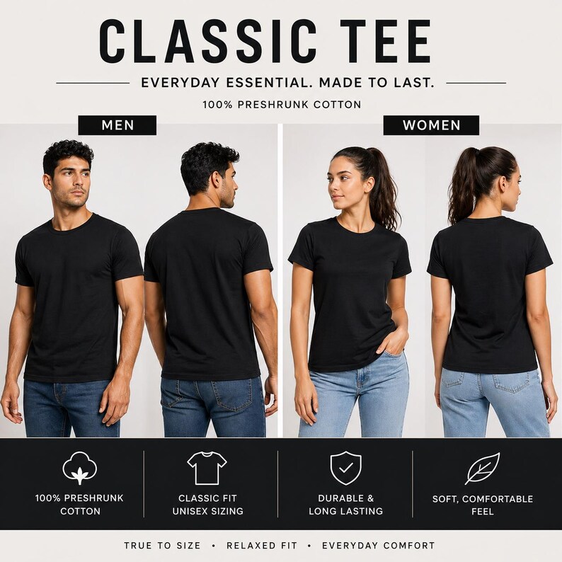 May include: A promotional image showcasing black crew neck t-shirts. The text "CLASSIC TEE" is at the top, with "EVERYDAY ESSENTIAL. MADE TO LAST." below it. The image includes models wearing the shirts, with text highlighting features like "100% PRESHRUNK COTTON".