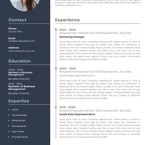 May include: A professional resume template with a photo, contact details, education, expertise, and work experience sections. The resume is designed with a dark blue and white color scheme, and includes references.