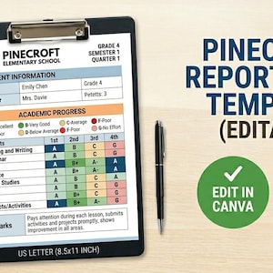 May include: A report card template from Pinecroft Elementary School, featuring student information and academic progress. Includes a clipboard, pen, apples, and a small plant. The template is US Letter size (8.5x11 inch).