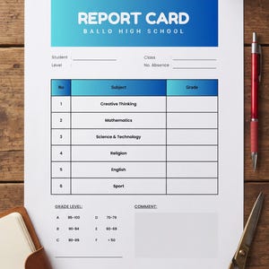 Op de afbeelding: Een wit rapport van de Ballo High School met een blauwe gradiënt koptekst. Het document bevat velden voor leerlinggegevens en een tabel met vakken zoals wiskunde en Engels, naast een beoordelingsschaal en een vak voor opmerkingen.