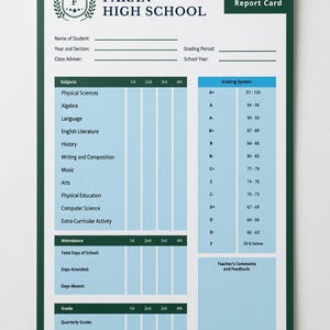 May include: A Faran High School report card template with a dark green border and white background. It features sections for student information, subjects, attendance, a grading system table, and a space for teacher comments and feedback.