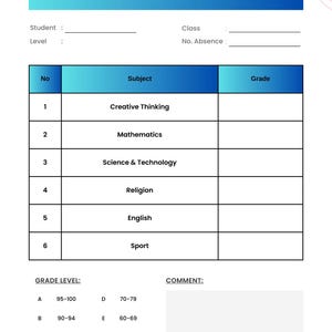 May include: A printable report card for Ballo High School with a blue gradient header. It includes fields for student details, a numbered table for subjects like Creative Thinking and Mathematics, and a grade scale from A to F at the bottom.