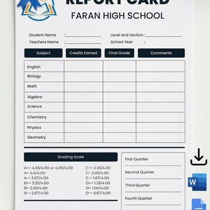High School Transcript Template  Homeschool Report Card, Editable Fillable Printable for Microsoft Word & Google Docs, Digital Download