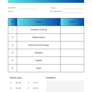 May include: A printable report card for Ballo High School with a blue gradient header. It includes fields for student details, a numbered table for subjects like Creative Thinking and Mathematics, and a grade scale from A to F at the bottom.
