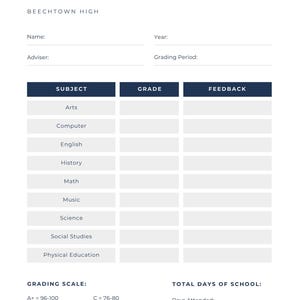 May include: A report card template with the title "REPORT CARD" in a purple and white font. The template includes sections for student information, subject grades, and feedback, along with a grading scale and attendance details.