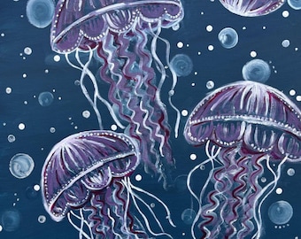 Original Acrylic Jellyfish Painting: Ethereal Ocean Depths Art