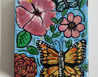 Mini toile d'art vibrante : papillons, roses, hibiscus, tableau de jardin fantaisiste