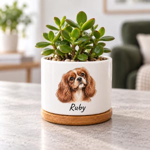 May include: A white ceramic cylindrical planter featuring a detailed illustration of a brown and white Cavalier King Charles Spaniel dog with the name Ruby printed in black text below, resting on a circular light brown wooden base.
