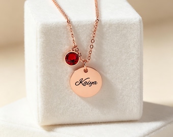 Personalized Disc Pendant Necklace with Birthstone, Engraved Minimalist Jewelryold, Custom Name Jewelry, Mom Gift，Gift for Best Friend