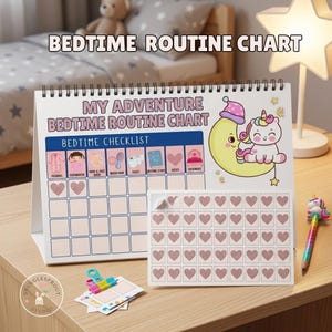 May include: A white spiral-bound bedtime routine chart with the text "BEDTIME ROUTINE CHART" and "MY ADVENTURE BEDTIME ROUTINE CHART". The chart includes a checklist with illustrations and space for stickers. A sheet of heart stickers and a unicorn pen are also visible.