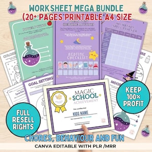 May include: A collection of printable worksheets with the text "WORKSHEET MEGA BUNDLE" and "A4 SIZE". The worksheets include a "Bedtime Checklist", "My Weekly Spell Tracker", and a "Magic School Achievement" certificate. The image also includes the text "FULL RESELL RIGHTS" and "KEEP 100% PROFIT".