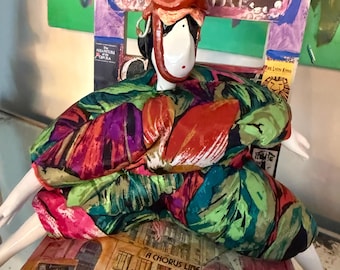 Poupee millet, arte popular francés de los años 90, hecho a mano, puf, muñeca con silla /ecuestre/ silla de montar en la cabeza
