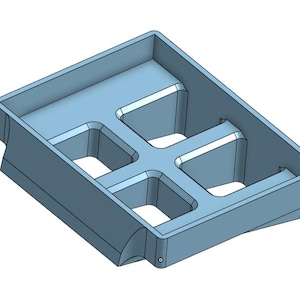 May include: A light blue plastic tray with a rectangular shape and a cross-shaped interior design. The tray has raised edges and is designed with four square compartments and two rectangular compartments.