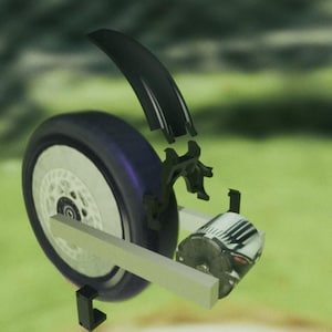 May include: A disassembled electric scooter wheel assembly featuring a dark blue tire with a white rim, a black curved fender, a black mounting bracket, and a metallic cylindrical motor component connected by a silver rectangular metal frame.