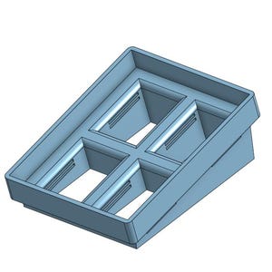 May include: A light blue rectangular tray with a sloped base and four distinct compartments. The interior walls of each compartment feature three horizontal recessed lines. The structure is open-topped with a solid outer frame and dividers.