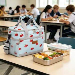 Pode incluir: Uma lancheira isolada azul clara com um padrão de cerejas, acabamentos cinzentos e uma alça de ombro. A bolsa tem dois compartimentos com zíper e um bolso lateral de malha. Uma bandeja de almoço de aço inoxidável com comida está ao lado.