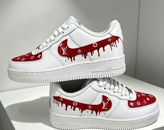 Custom Red Drip Monogram AF1 Sneakers | Hand Painted Streetwear Footwear