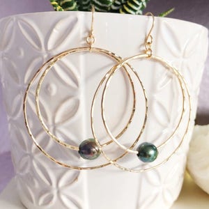 Earrings MOMILANI - Double hoops earrings - Tahitian pearl hoops - Momi hoops - Hula hoops (E459)