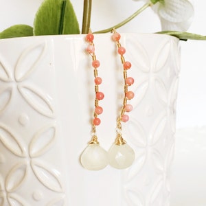 Earrings  Ailani - Pearl chalcedony and coral earrings - coral earrings - gemstone earrings - marquise earrings. (E162)