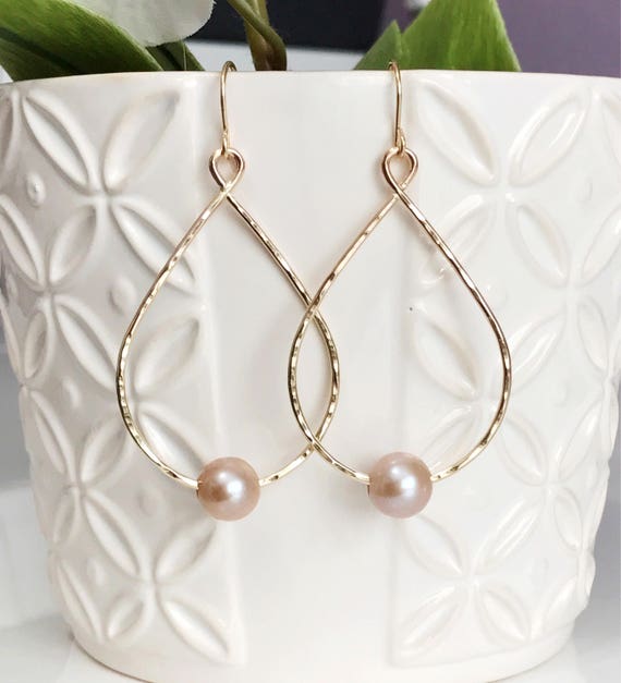 Pink Pearl Hoop Earrings: Handmade Teardrop Hoops