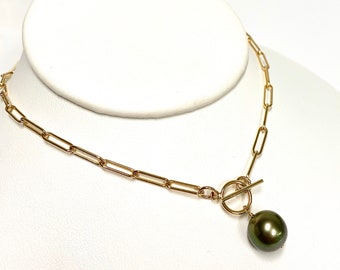 Necklace ARIELLA - Tahitian pearl necklace - paper clip chain necklace (N337)