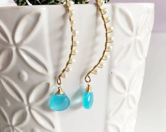 Aqua Chalcedony Earrings: 14k Gold Filled Marquise, Pearl Accents