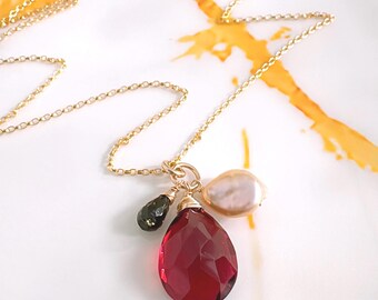 Garnet Quartz Pendant Necklace: Keshi Pearl, Tourmaline Charm