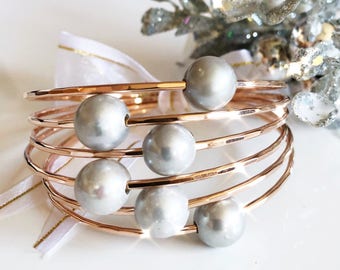 Silver Pearl Bangle: Hammered Sterling Silver Bracelet, June Birthstone