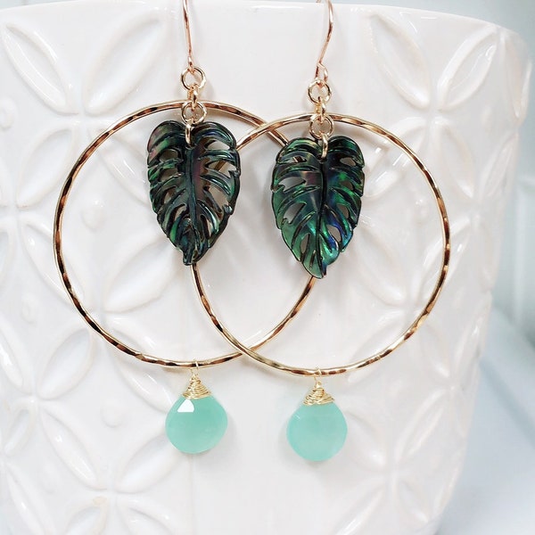 Earrings MELLIE - Abalone monstera hoops earrings - monstera earrings (E561)