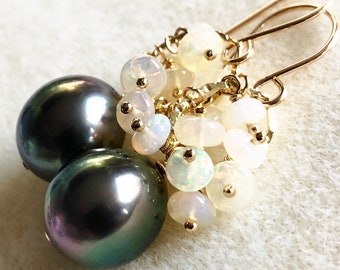 Earrings KIRA - tahitian pearl earrings - opal earrings - Ethiopian opal earrings (E528)