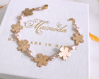 Pink Keshi Pearl Bracelet: 14k Gold Filled Sakura Blossom