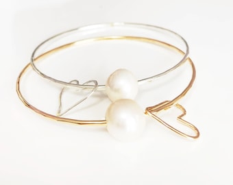 Freshwater Pearl Bangle with Heart Charm: Bridesmaid Jewelry
