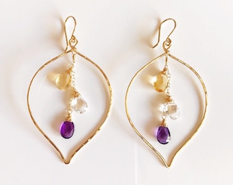 Earrings Yuri - Lotus hoop earring - gemstone lotus earring- amethyst earring - citrine hoop earring- bridesmaid gift- yoga jewelry.(E103)