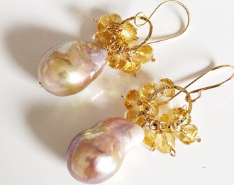 Baroque Edison pearl earrings - citrine earrings - Edison pearl earrings (E518)