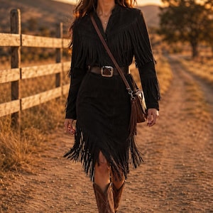 Pode incluir: Vestido preto de camurça com franjas, com cinto de couro castanho e bolsa a tiracolo a condizer. O vestido apresenta mangas compridas e uma saia até ao joelho com franjas. Botas de cowboy castanhas completam o look.