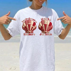 Custom Malibu Bachelorette Shirt, Seashell Patchwork Beach Bach Party Tee, Personalized Coastal Bachelorette, Bridesmaid Beach Gift