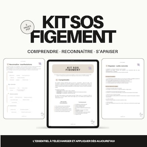 以下が含まれることがあります： 「KIT SOS FIGEMENT」というタイトルのデジタル製品で、「COMPRENDRE - RECONNAÎTRE - S'APAISER」というテキストが表示されています。画像にはタブレットと、テキストとグラフィックを含む2つのドキュメントが表示されています。この製品は3ページのPDFです。