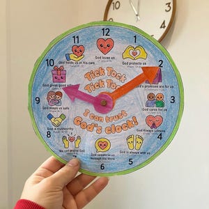 Clock Sunday school paper craft, Trust in God’s timing, christian homeschool printable, vbs church coloring activity